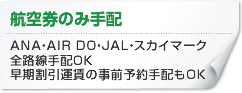 航空券のみ手配-ANA・AIR DO・JAL・スカイマーク全路線手配OK早期割引運賃の事前予約手配もOK